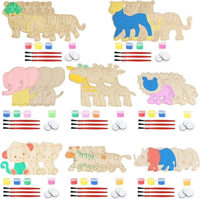 LARDUX Safari Party Favors, 24PCS DIY Wooden Painting Crafts - 8 Styles Animal Shape Unfinished Woodchips Cutouts Craft Kits with Glow in The Dark Paint DIY Party Favors Birthday Party Decorations