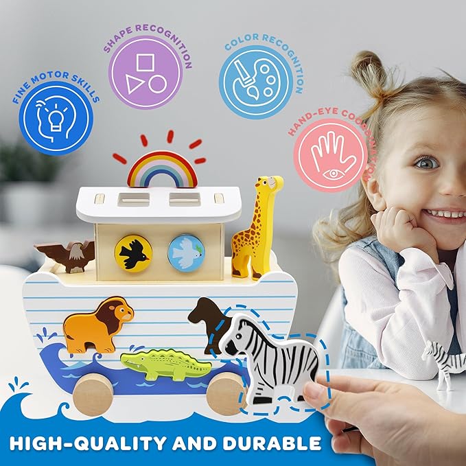 Noah's Ark Wooden Toy Set, Educational Wooden Animal Toys for Toddlers, Montessori Shape Sorter Educational Toys, Bible Story Engagement & Perfect Baptism, Christening Gift for 2-4 Y