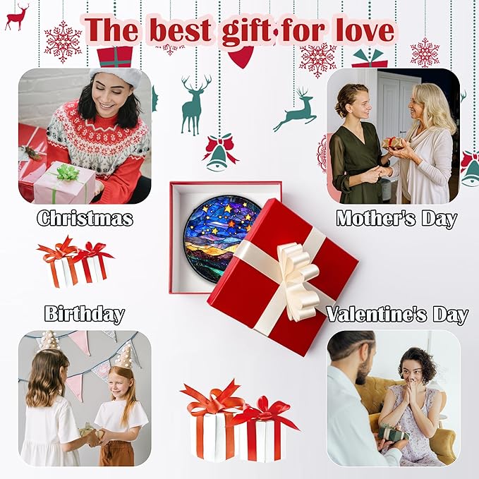 Stained Glass Window Hanging, Blue Sky Gold Stars Abstract Landscape Suncatcher for Doors Window Home Sun Catchers Decor Mother's Day Birthday Gifts for Women, Men Mom 7.8 in