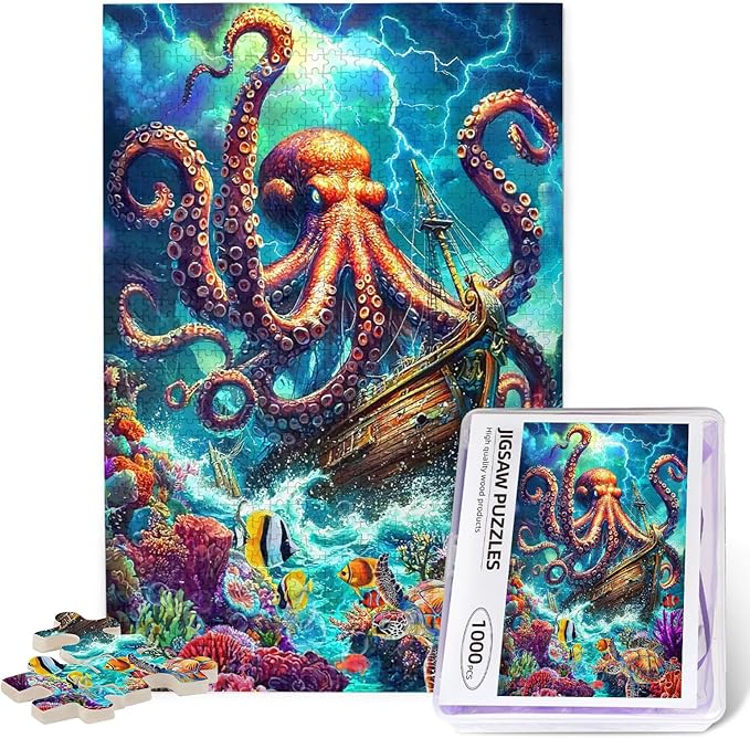 Octopus Ocean Puzzle for Adults 1000 Pieces Octopus Pirate Ship Ocean Sea Jigsaw Puzzles Marine Artwork Colorful and Fun Challenging Puzzle for Game Nights