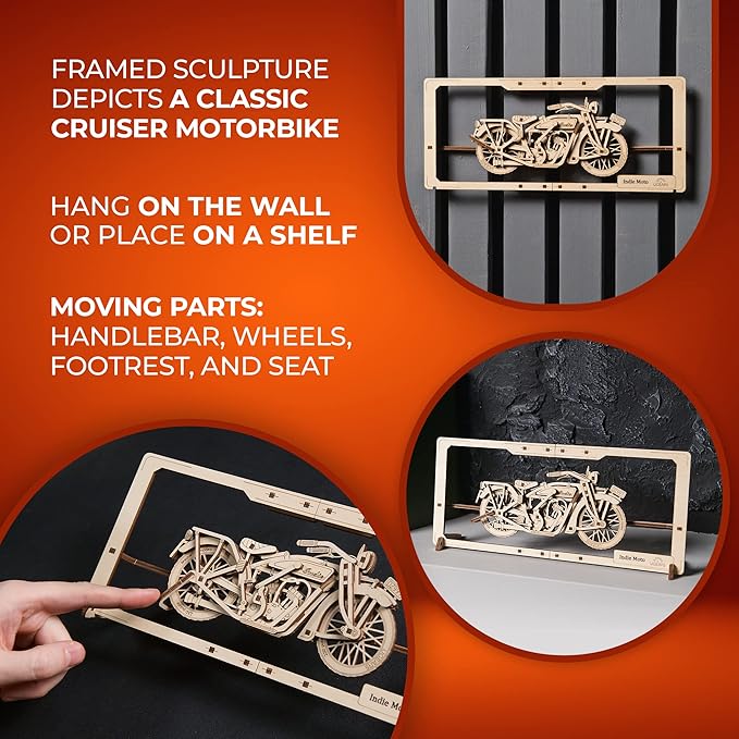UGEARS Indie Moto 2.5D Wood Puzzle, Vintage Motorcycle Model Kit with Moving Parts for Adults, DIY Home & Office Decor - 42 Pieces