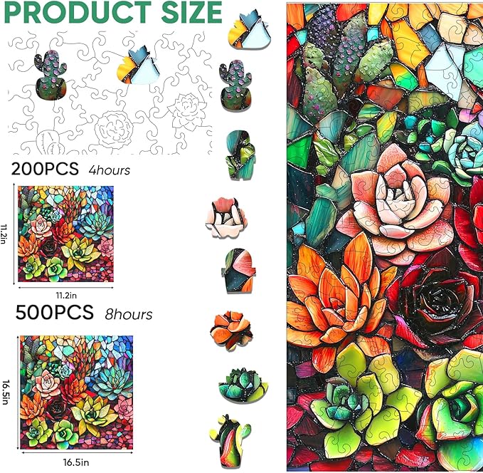 Wooden Puzzles for Adults, Stained Glass Succulent Puzzles 500 Pieces, Unique Shaped Jigsaw Puzzles for Adults and Kids, Birthday Gifts Fun Challenge Family Game 16.5'' x 16.5''
