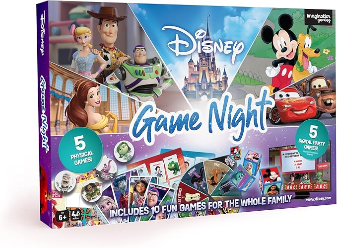 Disney Family Game Night, 10 in 1 Board Game Collection for Kids & Adults, Featuring Mickey, Minnie, Princesses, Toy Story & More. 5 Physical and 5 Digital Games for Ages 6 and up