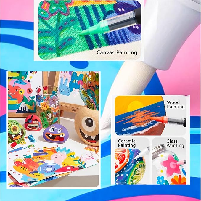 Acrylic Paint Markers for Kids & Adults | 12 Colors Brush Tip | Washable Coloring Marker | Drawing Pen on Paper, Wood, Canvas | Erasable on Glass | DIY Crafts Back-to-school Art Supplies