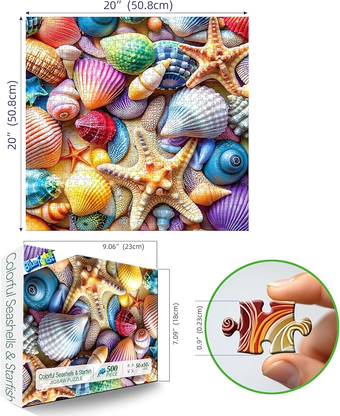 Blueforest 500 Piece Jigsaw Puzzle for Adults - Ocean Seashells & Starfish Theme, Challenging Adult Puzzles with Vibrant Colors, Premium Cardboard Jigsaw Puzzles for Stress Relief & Home Decor