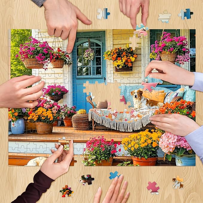300 Piece Puzzles for Adult, Colorful Flower Jigsaw Puzzle 300 Pieces for Adults Kids Seniors, Beautiful House and Puppy Adults Puzzle for Family and Friends Party Gifts Decor 20.5×15 in