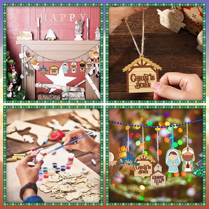 60 Pcs Wood Christmas Crafts for Kids DIY Paint Xmas Ornaments Blank Unfinished Wooden Cutouts Shapes Slices Hanging Embellishment for Christmas Tree Holiday Party Decor(Jesus Nativity)
