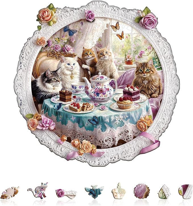 Jigfoxy Wooden Puzzles for Adults, Cat’s Tea Time Wood Puzzles Adult, Unique Animal Shape Wooden Jigsaw Puzzles for Adults, Birthday Gifts for Puzzle Lovers, Family, Friend (M-11.4 * 11.4in-195pcs)
