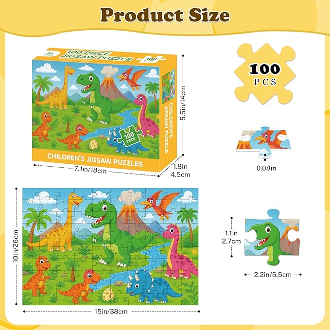 4-Pack 100 Piece Puzzles for Kids Ages 4-6 6-8 8-10, Farms Dinosaurs Seaworld Wildlife Kids Puzzles Ages 3-5 4-6 5-8 8-10, Learning Educational Kid Jigsaw Puzzles Toys for Girls and Boys (15x10 in)