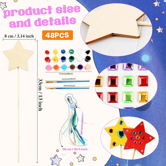 122 Pcs Unfinished Star Princess Fairy Wands Kit Make Your Own Princess Wand DIY Art Craft Magical Wand Include 48 Star Wooden Fairy Wands 24 Gem Stickers 48 Ribbons 12 Markers for Kids Party Supplies