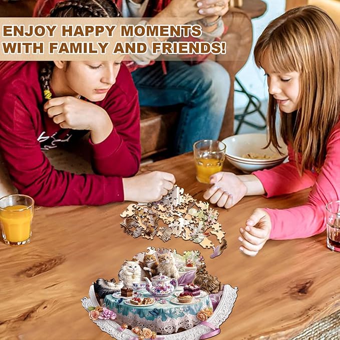 Jigfoxy Wooden Puzzles for Adults, Cat’s Tea Time Wood Puzzles Adult, Unique Animal Shape Wooden Jigsaw Puzzles for Adults, Birthday Gifts for Puzzle Lovers, Family, Friend (M-11.4 * 11.4in-195pcs)