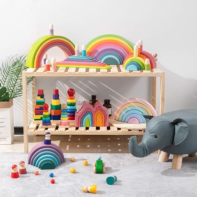 Wooden Pastel Building Board, 11Pcs Rectangle Rainbow Straight Slats, Wooden Rainbow Stacking Toy, Learning Creative Thinking Toys