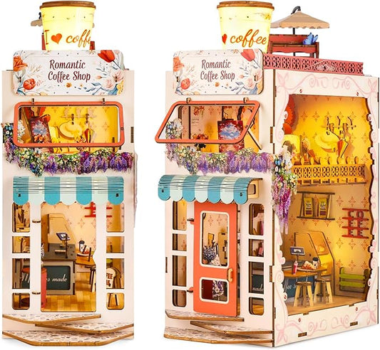 Book Nook Kit,Coffe House Miniature House Kit for Teens and Adults,3D Wooden Puzzle Tiny House Booknook Bookend Bookshelf Decor Model Build.（Romantic Coffee House）