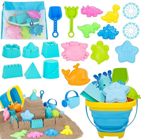 Collapsible Beach Toys Set for Kids Boys Castle Sand Toys Set with Sand Bucket & Shovels Set & Sand Molds and Mesh Bag, Travel Sandbox Toys for Toddlers Age 3-10.