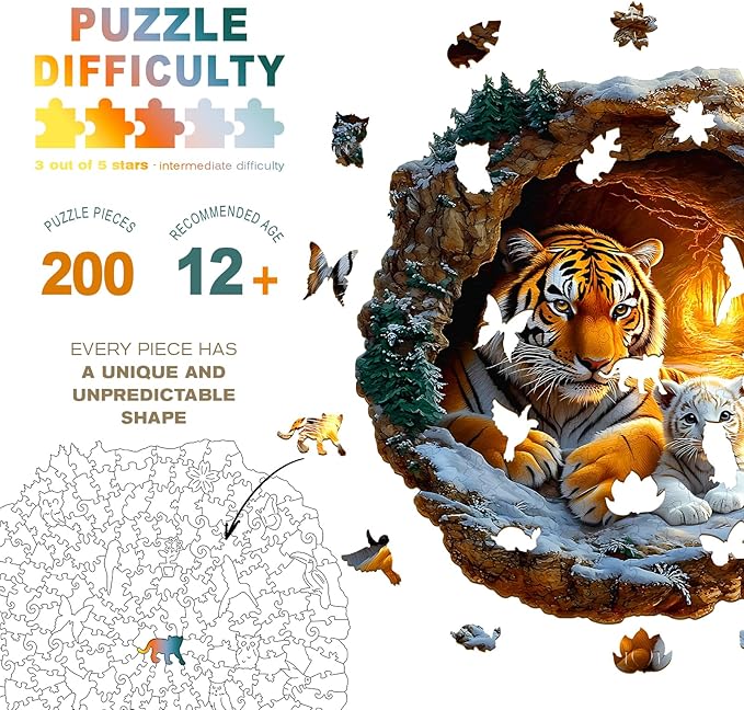Wooden Puzzles for Adults - Tiger Family Wooden Jigsaw Puzzle - Unique Shape 3D Vision Wood Puzzles Adult - Christmas Birthday Gifts for Adults/Friends/Family - 200pcs 11.4 * 11.3in