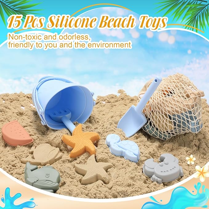 Civaner 15 Pcs Silicone Beach Toys Travel Friendly Beach Set Includes Shovel, Rake, Silicone Bucket,10 Sand Molds, Watering Can, Mesh Bag, Outdoor Baby Sand Travel Toys for Boys, Girls