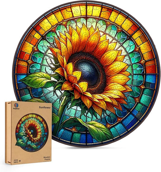 Wooden Puzzle for Adults, Stained Glass Sunflower Puzzle, Wooden Jigsaw Puzzles with Wooden Box, Unique Plant Shaped Wood Cut Puzzles, Family Games for Kids and Adults, 300 Pieces 15.2"x 15.2"