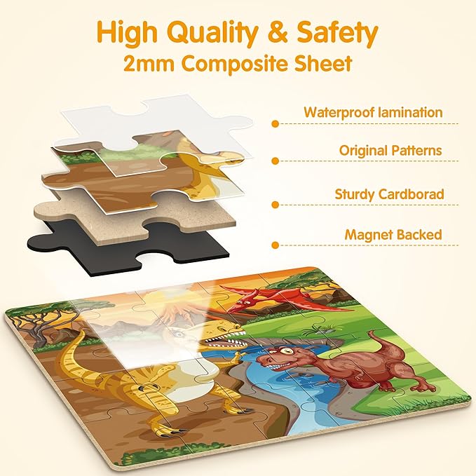 SYNARRY Magnetic Dinosaur Puzzles for Kids Ages 3-5, 20 Pieces Puzzles for Toddlers 4-6, Children Travel Activity Toys Games Gifts for Kids Boys Girls Ages 3 4 5 in Car Airplane Magnet for Road Trip