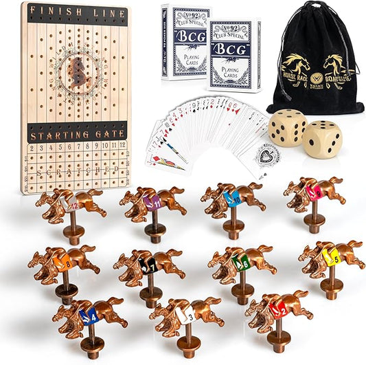 New Metal Horses Horse Race Board Game with 11 Metal Horses, 2 dice and 2 Boxes of Cards, Thick Luxurious Chessboard Wood, Horse Racing, Adult Game for Parties, Family Night