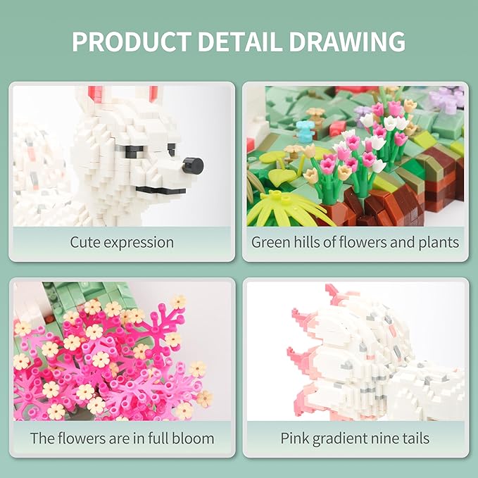 Forest Animal Micro Building Blocks Set - Nine Tailed Fox Stand in Lawns - Flowers and Trees, 4160 PCS Collectible Building Toy Gift for Adults and Kids Ages of 14+