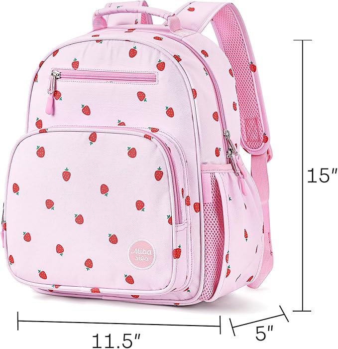 mibasies Girls Backpack 5-8: Lightweight Kids Backpacks for Girls - Girl Bookbag for Elementary School - Strawberry Light Pink