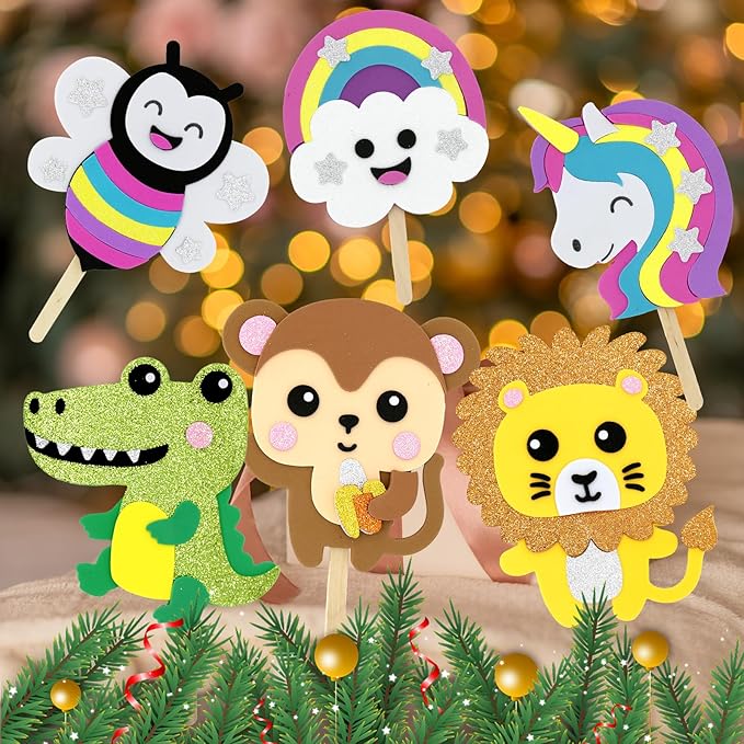 VKPI Make 6 Popstick Puppets Craft Kits for Kids, Foam Art Crafts Gift, Story Time Toys for Ages 4+ Toddler, Cloud, Animals, Preschool Projects Game Crafts, Birthday Party Favor Supplies