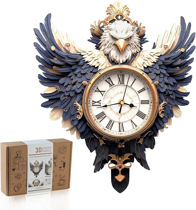 3D Wooden Puzzles for Adults, Bald Eagle Clock with Pendulum Model Kit, 3D Puzzles for Adults Room Home Decor DIY Wall Clock Kit, Holiday Birthday Christmas Day Gifts for Men Women Teens