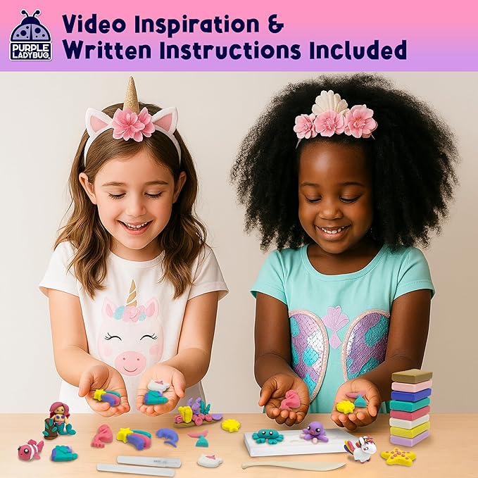 PURPLE LADYBUG Eraser Lab DIY Clay Mini Cute Eraser Kit for Girls - Unicorn & Mermaid Theme - Fun Craft Activity for Girls Aged 4 5 6 7 8 9 10, Perfect Back to School Supply & Birthday Gift Idea