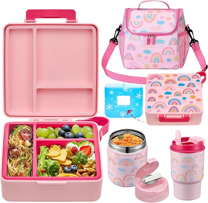Bento Lunch Box for Kids with 17oz Soup Thermo,Insulated Tumbler Water Bottle and Insulated Lunch Bag,Leak-Proof 3 Compartment Lunch Food Container with with Ice Pack for Kids to School-Rainbow