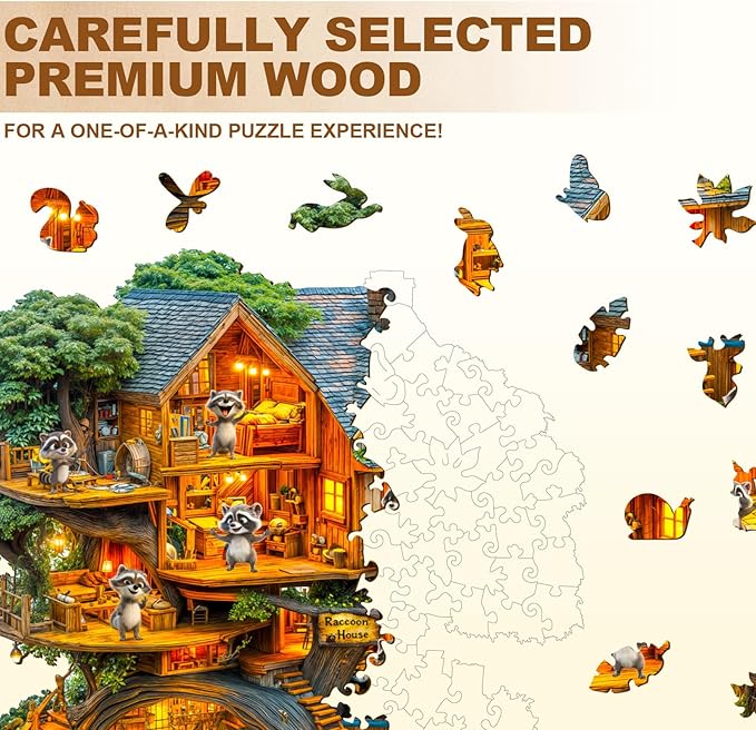 Wooden Puzzles for Adults - 200 Pieces Raccoon House Wood Puzzle - Unique Shapes Wooden Jigsaw Puzzles for Adults - Eco-Friendly Home Office Decor (11.4 * 11.2in)