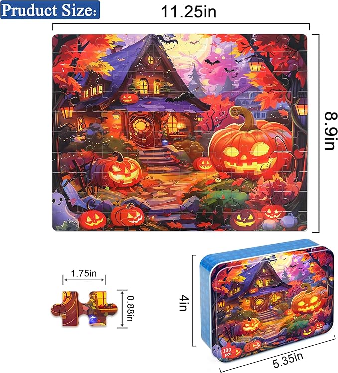 LELEMON Halloween Puzzles for Kids Ages 4-8,100 Piece Funny Pumpkin Castle Bat Jigsaw Puzzle for Children,Learning Educational Toys for Boys and Girls
