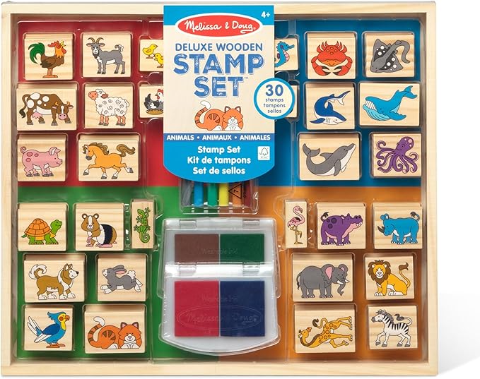 Melissa & Doug Deluxe Wooden Stamp Set: Animals - 30 Stamps, 6 Markers, 2 Stamp Pads