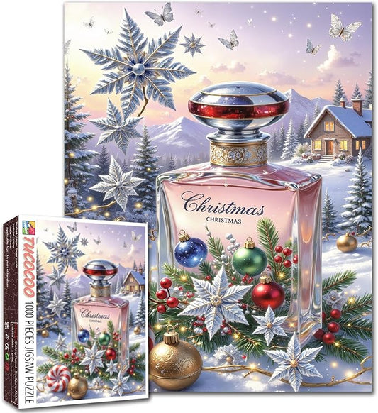 1000 Piece Jigsaw Puzzles for Adults Christmas Perfume with Xmas Trees Painting Jigsaw Puzzle Wooden House Puzzles 20''x27”inch Winter Landscape 1000 Pieces Craft Puzzle Wall Decor Family Challenging