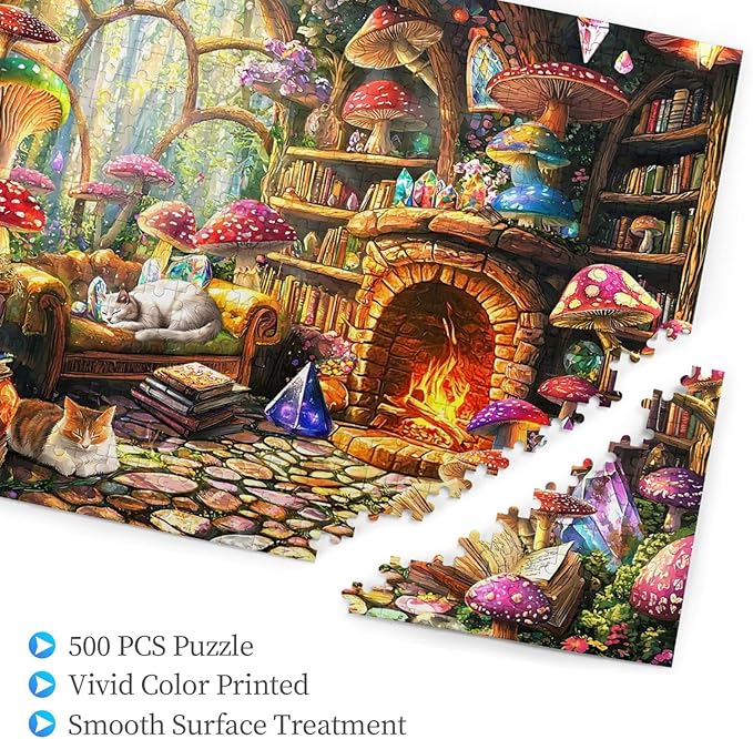 Mushroom Cottage Jigsaw Puzzles for Adults 500 Pieces Magical Forest Treehouse Scene Puzzles Challenging Puzzle Games for Night
