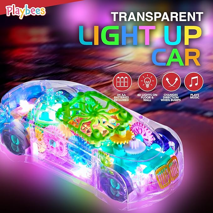 Light-Up Transparent Car Toy, Toys for Autistic Kids Ages 3-5 Sensory Toy for Kids with Autism Special Needs Toys, Bump and Go Toys for Toddlers Music and LED Effects Great Gift Idea