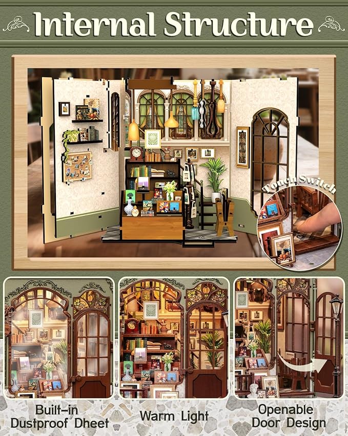 CUTEBEE DIY Book Nook Kit, Miniature House Kits for Adult and Teens, DIY Miniature Book Nook kit with Sensor Led Light, Gifts for Lovers and Family (Gallery Bookstore)