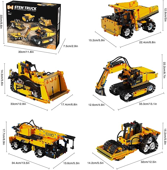 5 in 1 RC Excavator Construction Vehicle Building Block Sets App and Remote Control Bulldozer Engineering Science Kits Stem Toys for Boys Ages 8-12 (535 Pieces