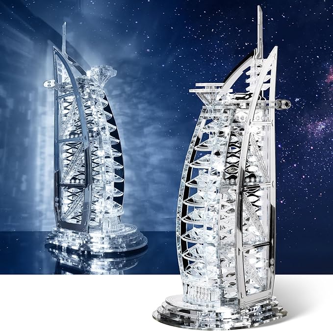 LED 3D Puzzle for Adults – 3D Wood Puzzle Architecture Building Model Kit – Super LED Dubai Landmark at Night – 3D Puzzles Home Décor Gift,Silver