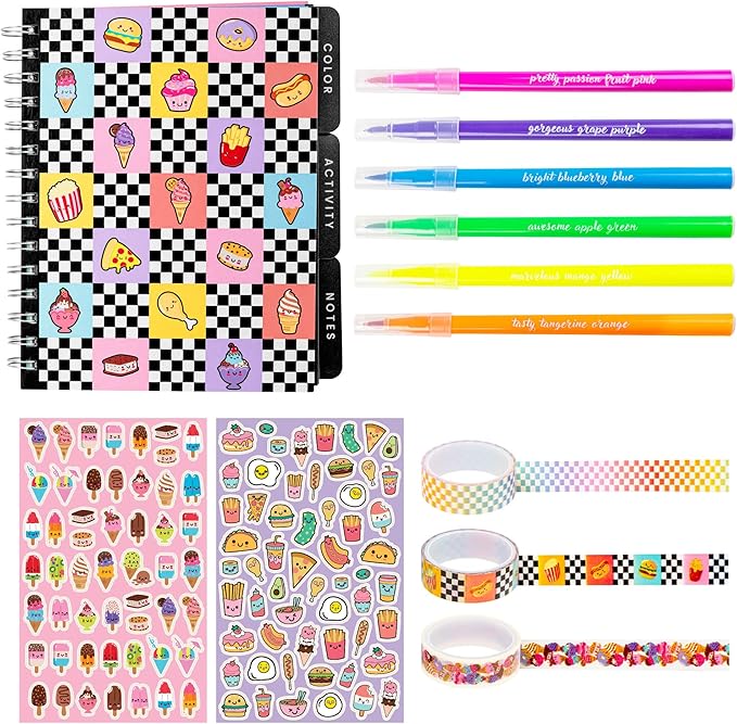 Fashion Angels Funny & Cute Food Graphic Journaling Stationery Set, Includes 1 Tabbed Sketchbook, 2 Sticker Sheets, 6 Scented Markers & 3 Rolls of Tape