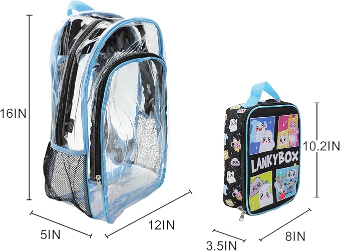 Bioworld Lanky Box Character Grid 16" Clear Backpack & Lunch Kit Value Set for Boys