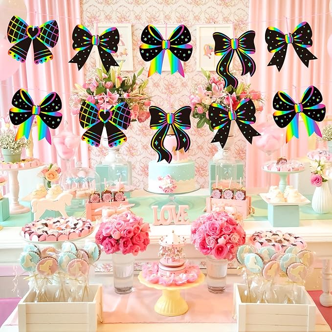 CY2SIDE Coquette Bow Scratch Cards - 60PCS DIY Bow Scratch Paper Craft for Kid, Funny Girl Coquette Knot Color Scrape Art Card, Magic Arty Rainbow Color Craft Ornament for School Classroom Art Project