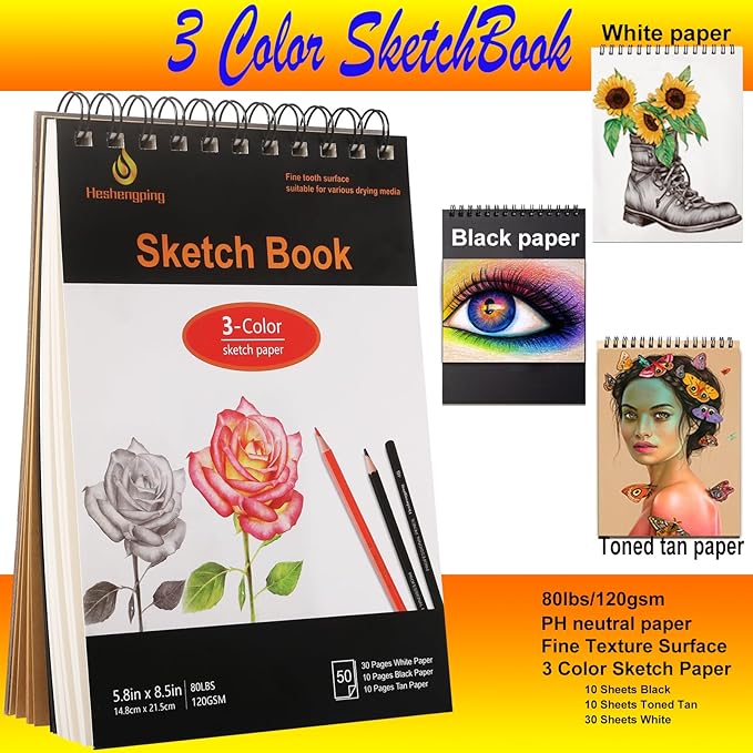 78pcs Drawing Kit Sketching Set Art Supplies with 3-Color Sketchbook Colorful Portable Case Colored Graphite Charcoal Watercolor Mettallic Pencil sketch draw gift set for Artist Adult Beginner