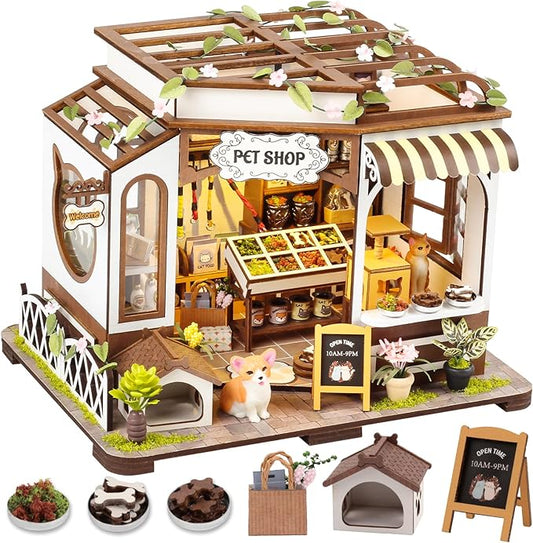 [2025 New] Pet Shop Miniature House Kit with LED Light, Book Nook Kit with Cover for Birthday, 3D Wooden Bookends Puzzle Bookshelf Decor Building Kit Birthday Gifts for Family, Friends