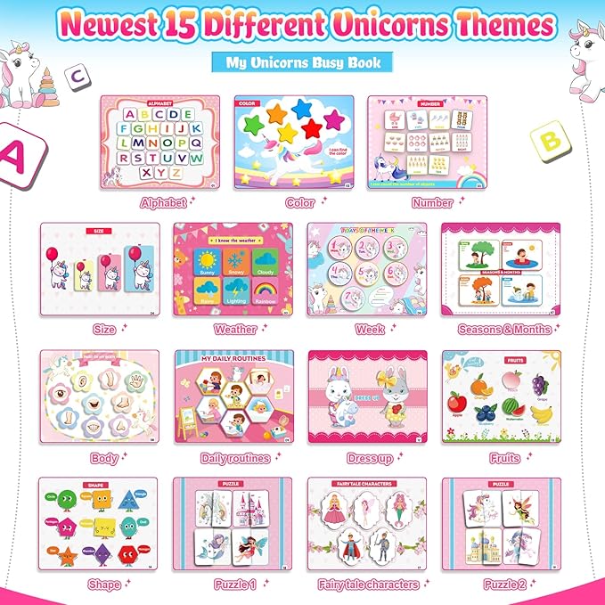 MDINGTD Kids Toys Montessori Toys for Toddlers, Unicorns Gifts for Girls Age 3-5 30 Themes Busy Book for Kids Preschool Educational Learning Toys for 3-5 Year Olds Girls Preschool Learning Activities