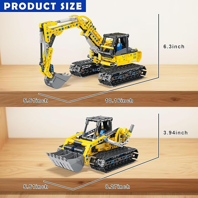 2-in-1 Construction Vehicle Building Kit - Excavator & Bulldozer Building Toys Set | 399 Pieces STEM Learning Toys | Creative Birthday Gifts