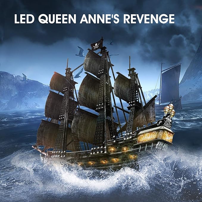 CubicFun 3D Puzzles for Adults - Led Pirate Ship Queen Anne's Revenge - Large 27'' Sailboat Puzzles - Desk Decor, Anniversary, Christmas Teacher Appreciation Gifts Adult Stocking Stuffers
