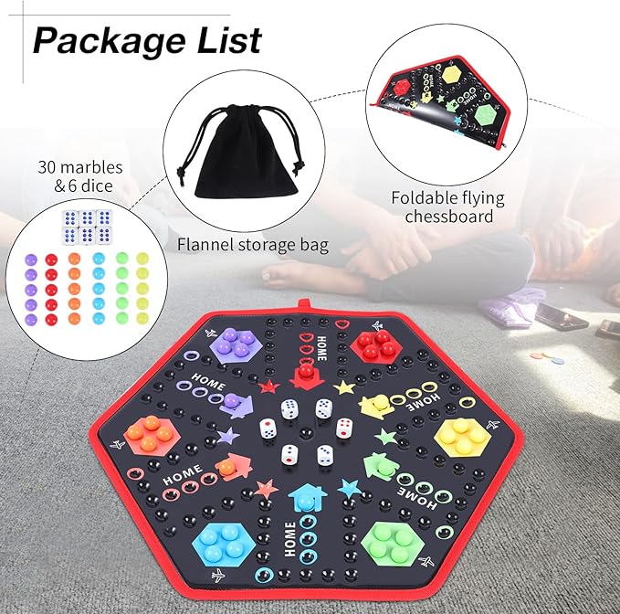 Wahoo Board Game Classic Marble Board Game Fast Track Game Foldable Base for 4 or 6 Players,with 6 Color,30 Marbles,6 Dices for Family Friends Party