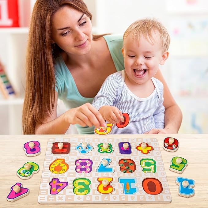 SYNARRY Wooden Puzzles for Toddlers 1-3, 6XSET Puzzles for Toddlers 2-4 with Rack, Learning Alphabet Number Shape Animal Dinosaur Vehicle, Education Toddler Puzzles Toys Gifts for 2 3 Years Boys Girls