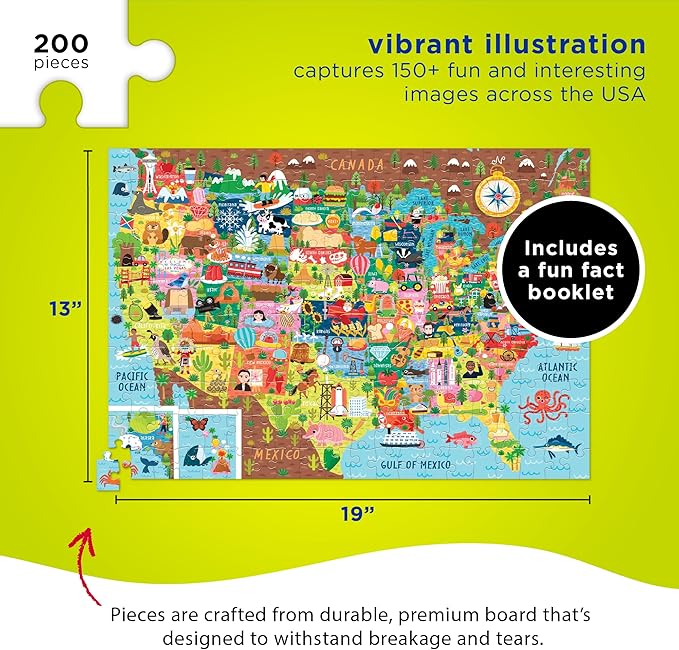 Crocodile Creek 200-Piece Jigsaw Floor Puzzle - Unique Puzzles for Kids Ages 6-8 and Up - Heavy-Duty Shaped Box for Storage - Includes a Fun Fact Booklet - USA Puzzle - 13" L x 19" H Finished