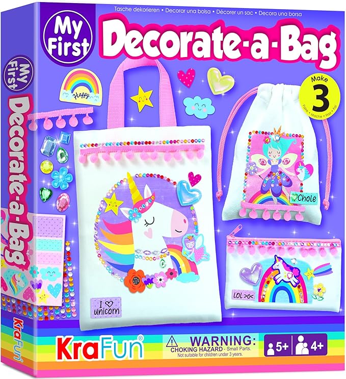 KRAFUN Decorate-a-Bag Craft Kit for Kids 5+ Years, Unicorn & Fairy Theme with Stickers & Gems, 3 DIY Customizable Bags, Step-by-Step Instructions, Creative Activity Set Girls & Boys, Educational Toy